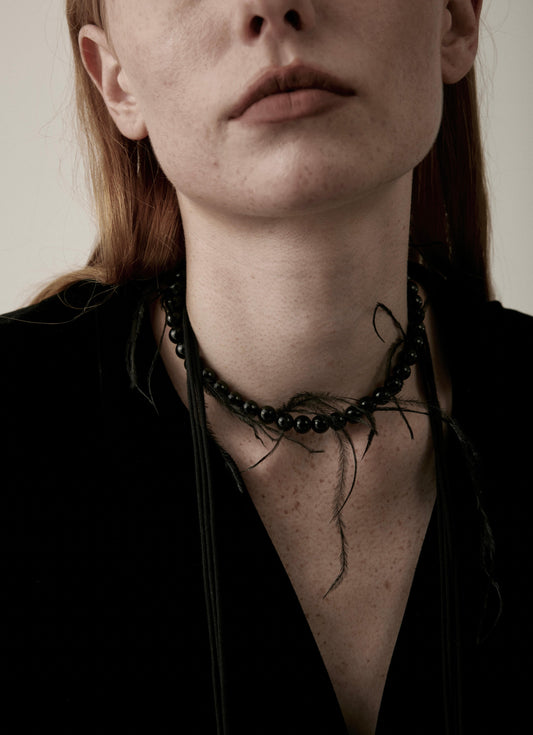 Ultra Long Black Agate Beaded Necklace