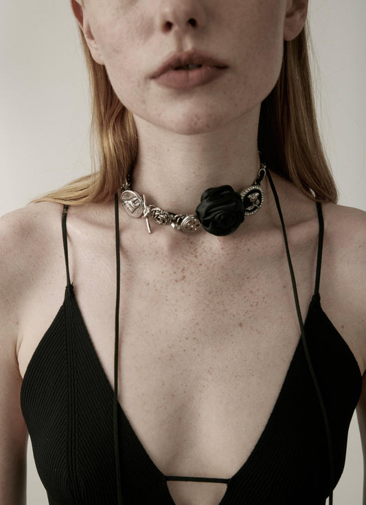 Dark Rose Mixed Metal Cord Necklace