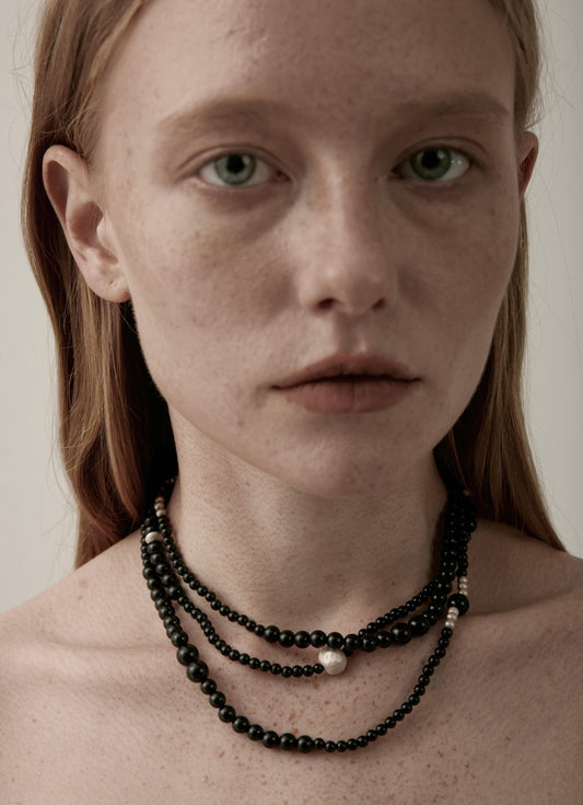 Versatile Long Black Agate Beaded Necklace