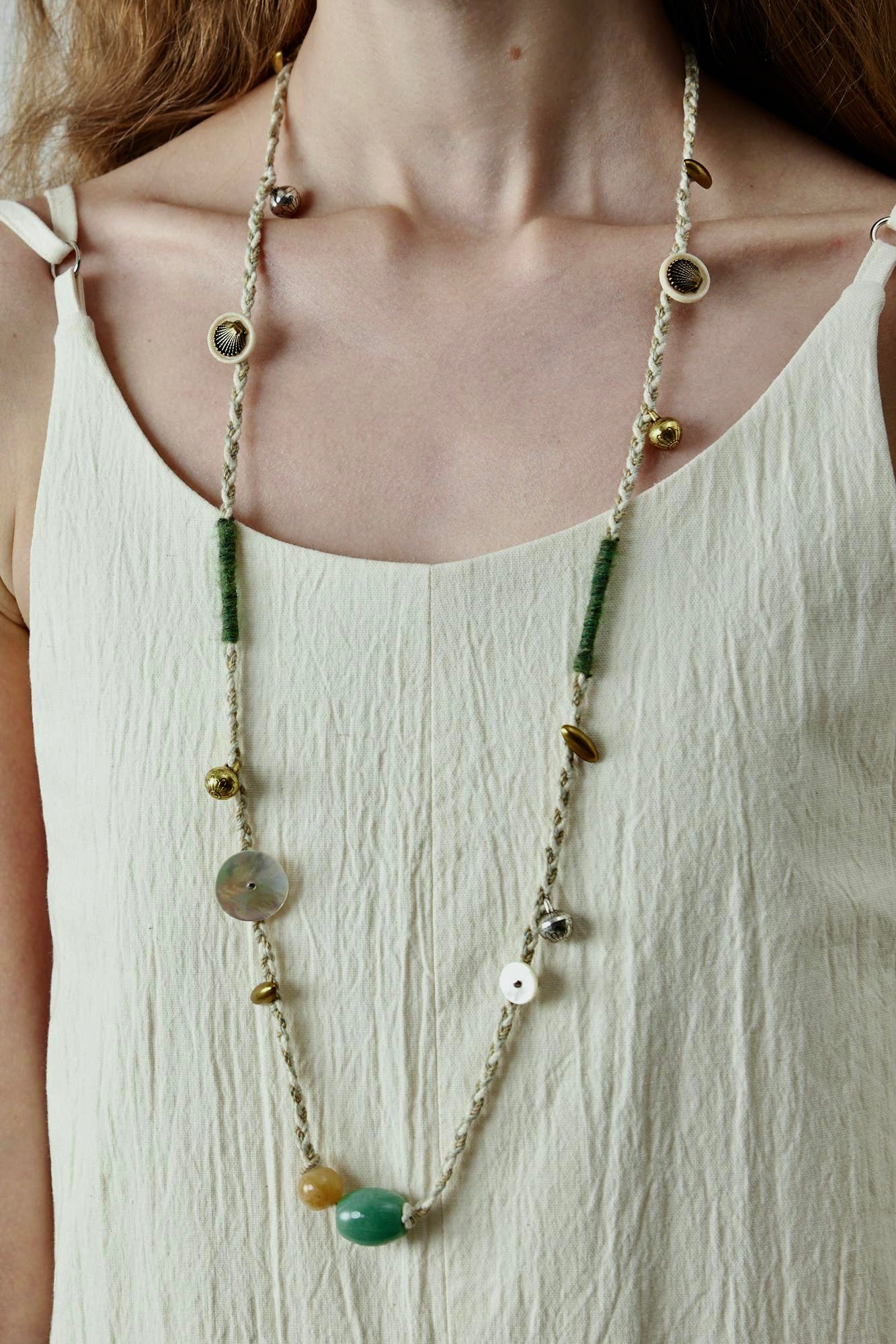 Long Woven Jade Beaded Necklace
